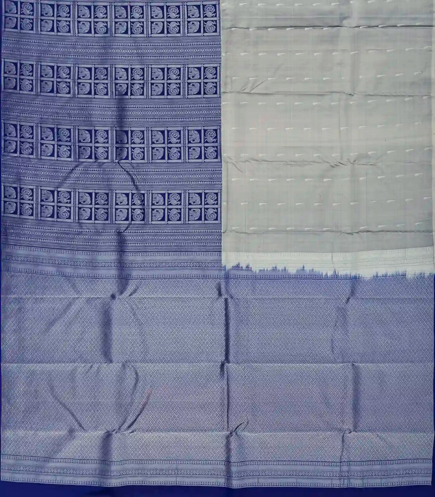 Blue Half & Half Silk Saree With Annam Motifs & Floral Buttas-Blue