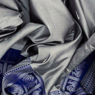 Blue Half & Half Silk Saree With Annam Motifs & Floral Buttas-Blue