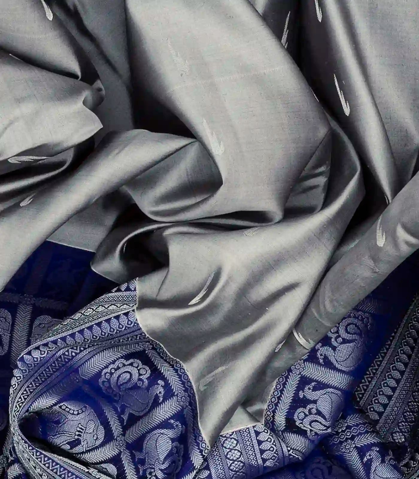 Blue Half & Half Silk Saree With Annam Motifs & Floral Buttas-Blue