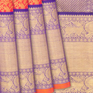 Orange Handloom Kanchipuram Silk Saree With Floral Vine Motifs-Orange