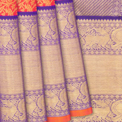 Orange Handloom Kanchipuram Silk Saree With Floral Vine Motifs-Orange