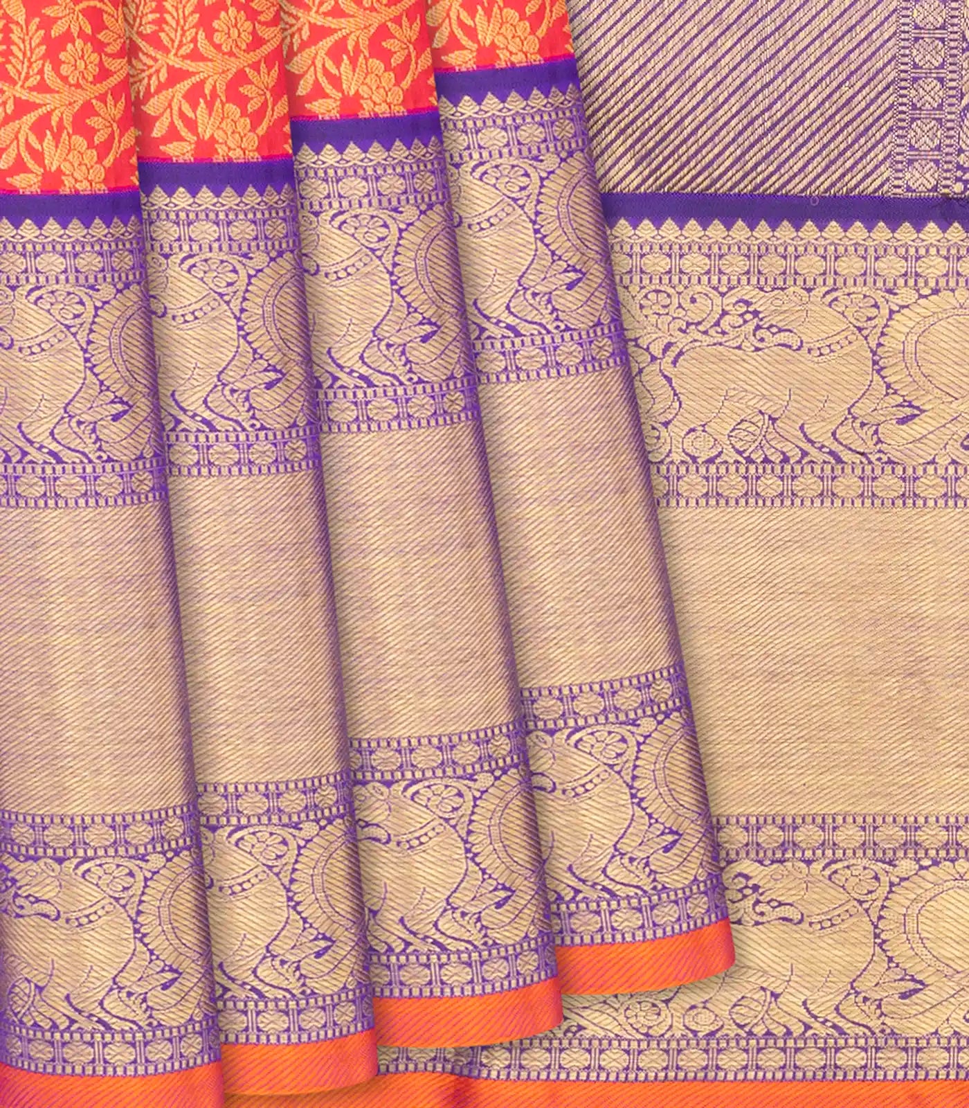 Orange Handloom Kanchipuram Silk Saree With Floral Vine Motifs-Orange