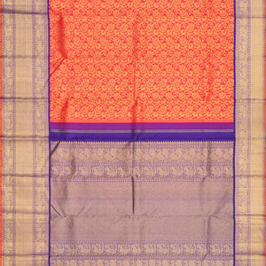 Orange Handloom Kanchipuram Silk Saree With Floral Vine Motifs-Orange