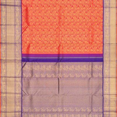 Orange Handloom Kanchipuram Silk Saree With Floral Vine Motifs-Orange