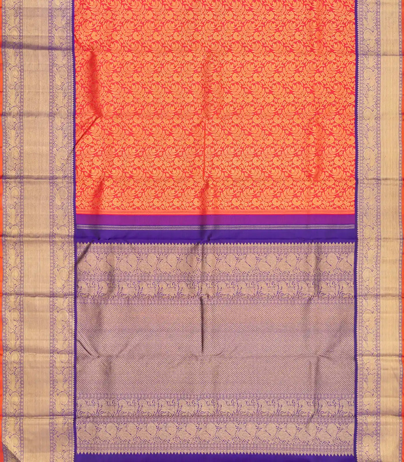 Orange Handloom Kanchipuram Silk Saree With Floral Vine Motifs-Orange