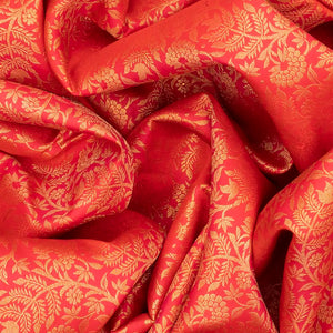 Orange Handloom Kanchipuram Silk Saree With Floral Vine Motifs-Orange