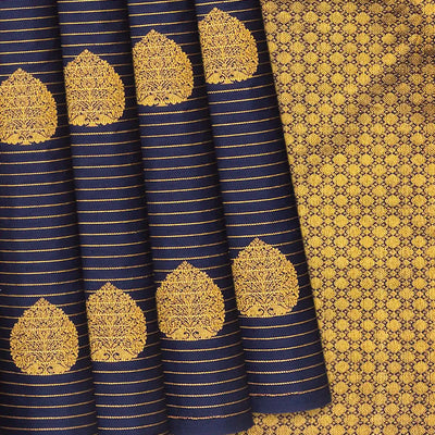 Green & Blue Half & Half Silk Saree With Zari Stripes & Buttas-Green