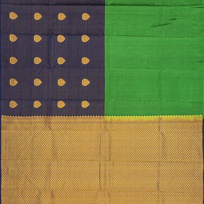 Green & Blue Half & Half Silk Saree With Zari Stripes & Buttas-Green