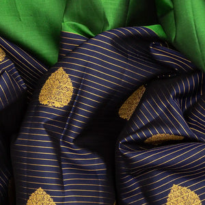 Green & Blue Half & Half Silk Saree With Zari Stripes & Buttas-Green