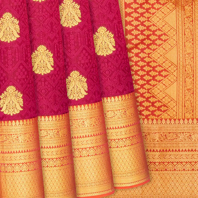 Magenta Silk Saree With Peacock Zari Buttas & Contrast Border-Magenta