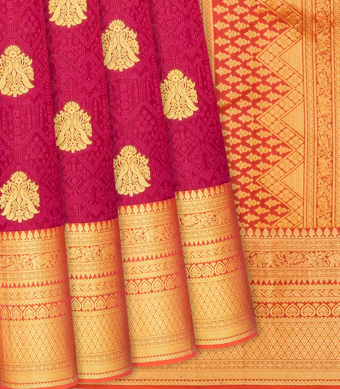 Magenta Silk Saree With Peacock Zari Buttas & Contrast Border-Magenta