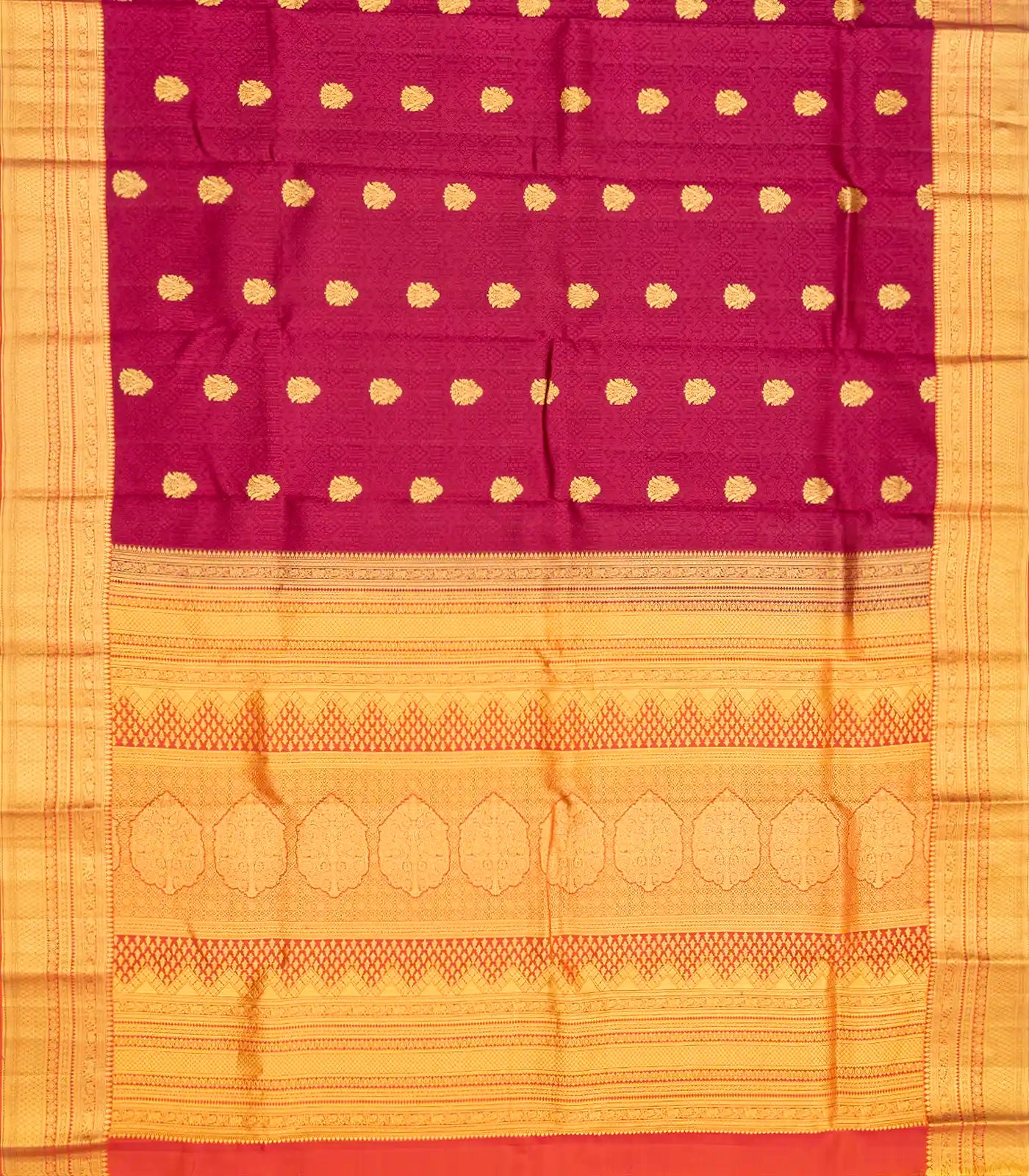 Magenta Silk Saree With Peacock Zari Buttas & Contrast Border-Magenta