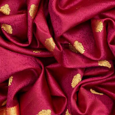 Magenta Silk Saree With Peacock Zari Buttas & Contrast Border-Magenta
