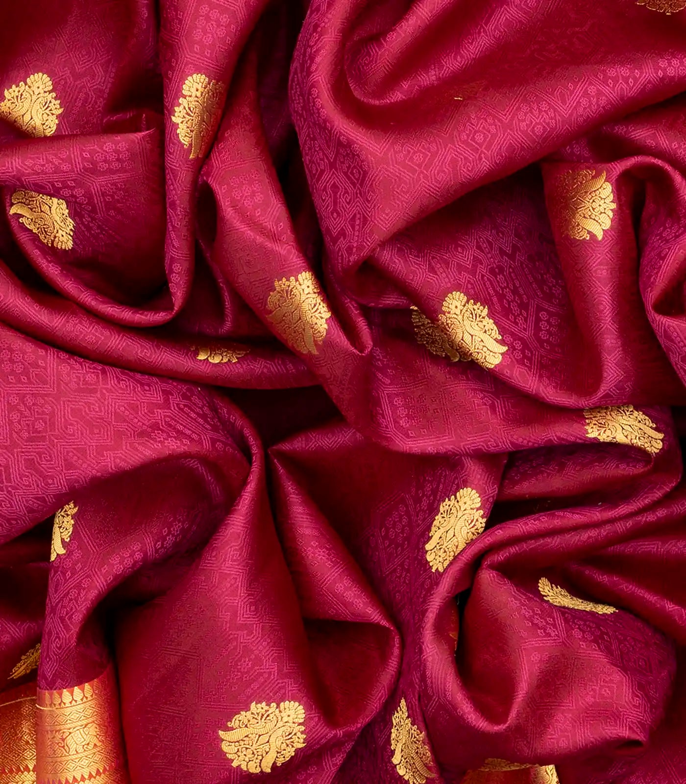 Magenta Silk Saree With Peacock Zari Buttas & Contrast Border-Magenta