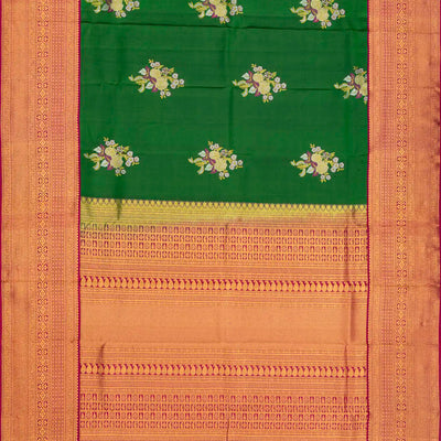 Green Silk Saree With Floral Meena Zari Buttas-Green