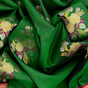 Green Silk Saree With Floral Meena Zari Buttas-Green