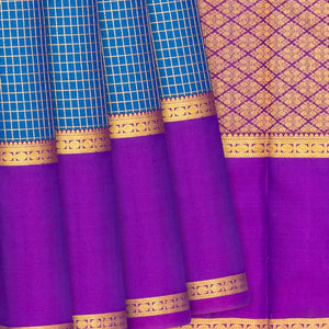 Blue Silk Saree With Zari Checks & Purple Border-Blue