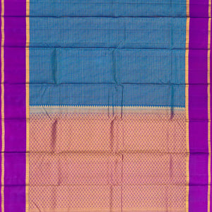 Blue Silk Saree With Zari Checks & Purple Border-Blue