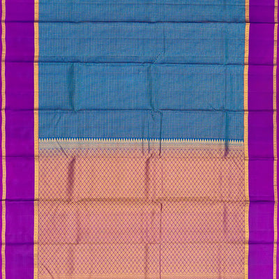 Blue Silk Saree With Zari Checks & Purple Border-Blue