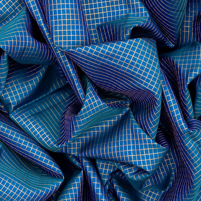 Blue Silk Saree With Zari Checks & Purple Border-Blue