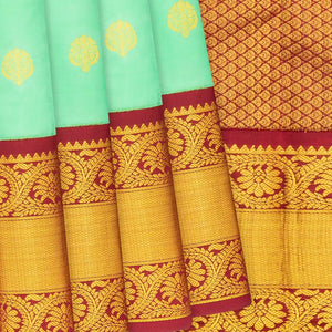 Aquamarine Silk Saree With Floral Buttas & Contrast Crimson Border-Aquamarine
