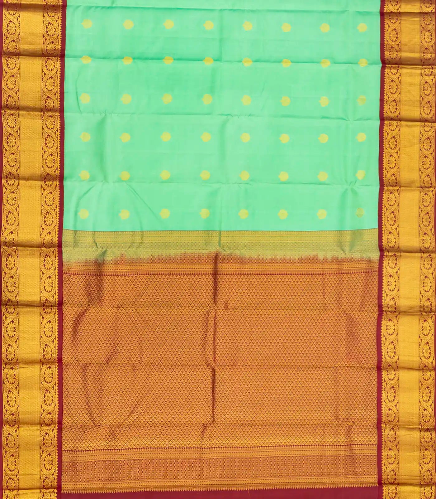 Aquamarine Silk Saree With Floral Buttas & Contrast Crimson Border-Aquamarine