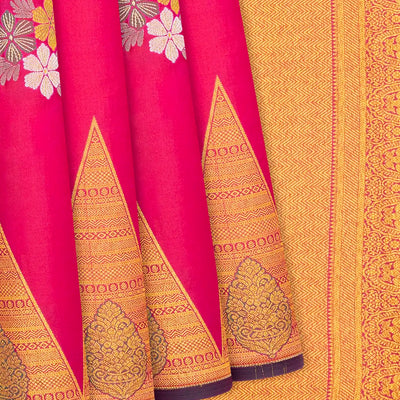 Hot Pink Silk Saree With Floral Buttas & Temple Border-Hot Pink