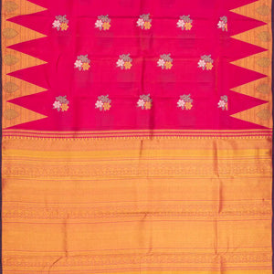 Hot Pink Silk Saree With Floral Buttas & Temple Border-Hot Pink