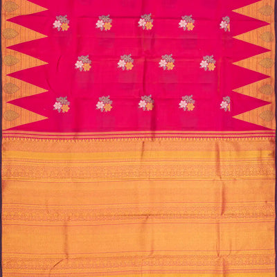 Hot Pink Silk Saree With Floral Buttas & Temple Border-Hot Pink