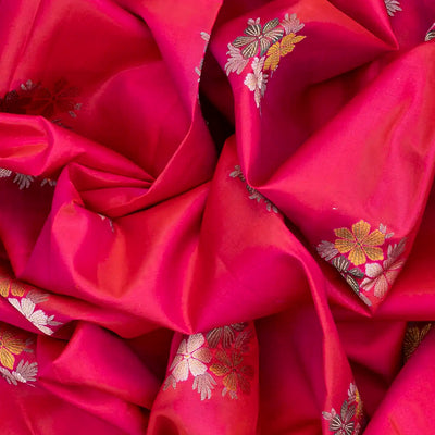 Hot Pink Silk Saree With Floral Buttas & Temple Border-Hot Pink