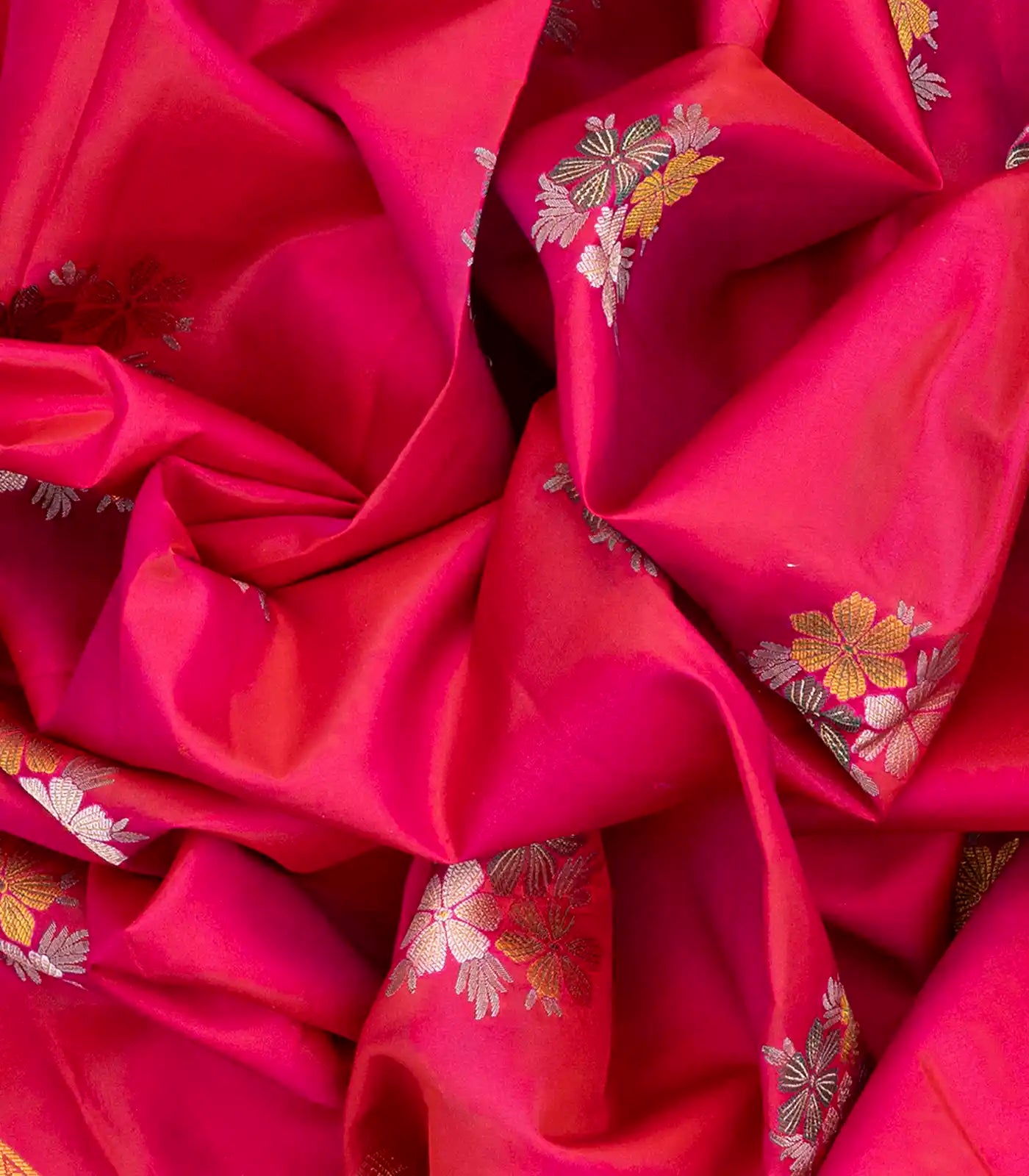 Hot Pink Silk Saree With Floral Buttas & Temple Border-Hot Pink