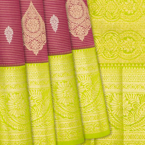 Crimson Silk Saree With Zari Stripes & Floral Buttas-Crimson