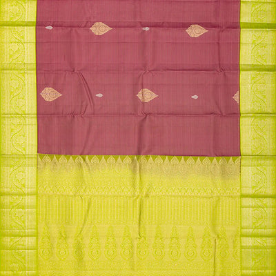 Crimson Silk Saree With Zari Stripes & Floral Buttas-Crimson