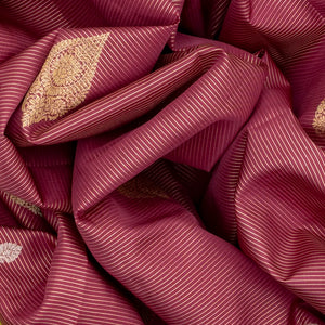 Crimson Silk Saree With Zari Stripes & Floral Buttas-Crimson