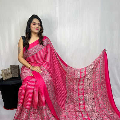 Modal Silk Authentic Hand Blocked Ajrakh work Saree