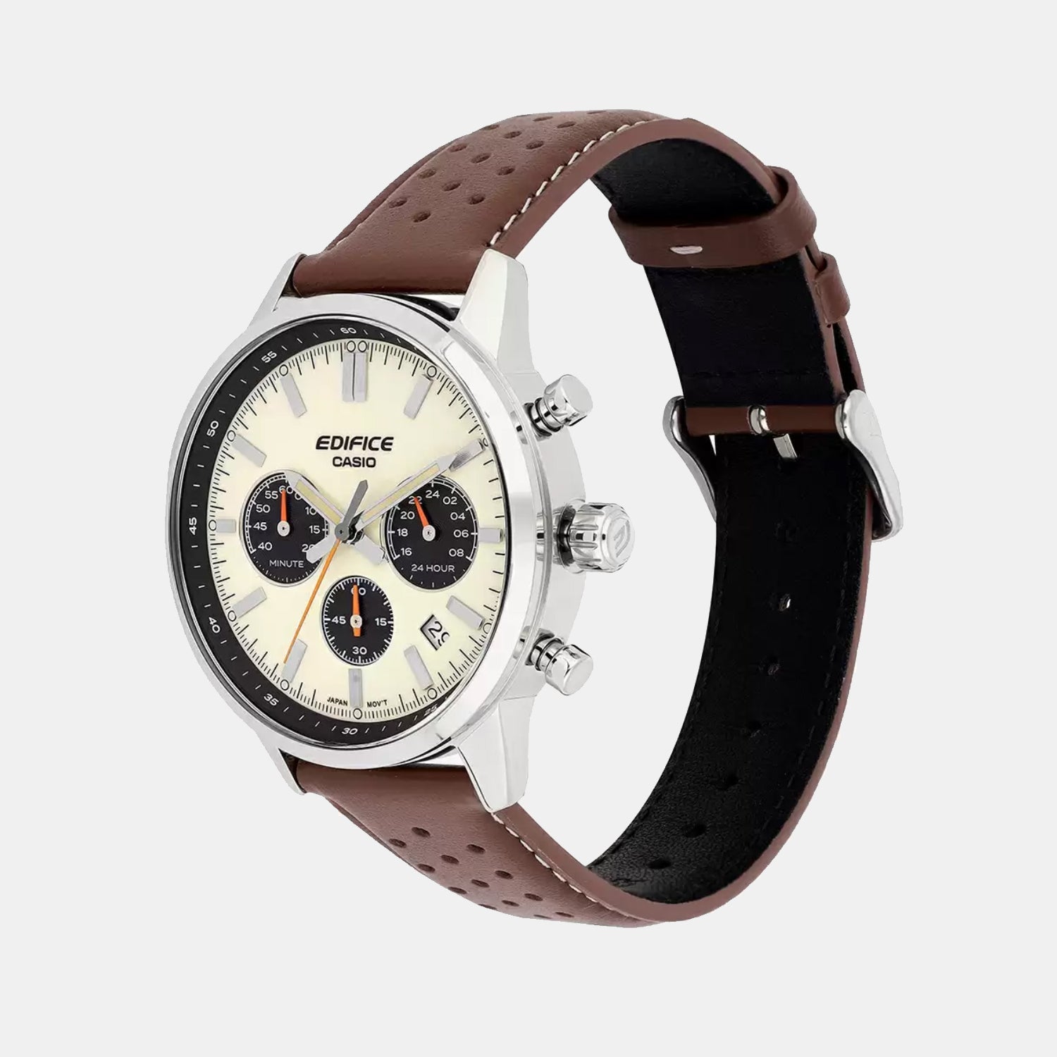 Edifice Men Quartz Cream & Black Dial Multi-Function Leather Watch ED657