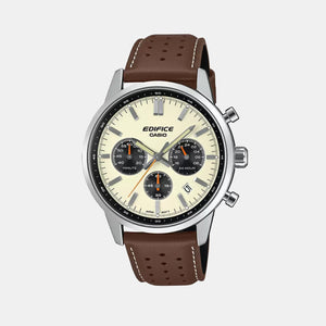 Edifice Men Quartz Cream & Black Dial Multi-Function Leather Watch ED657