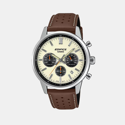 Edifice Men Quartz Cream & Black Dial Multi-Function Leather Watch ED657