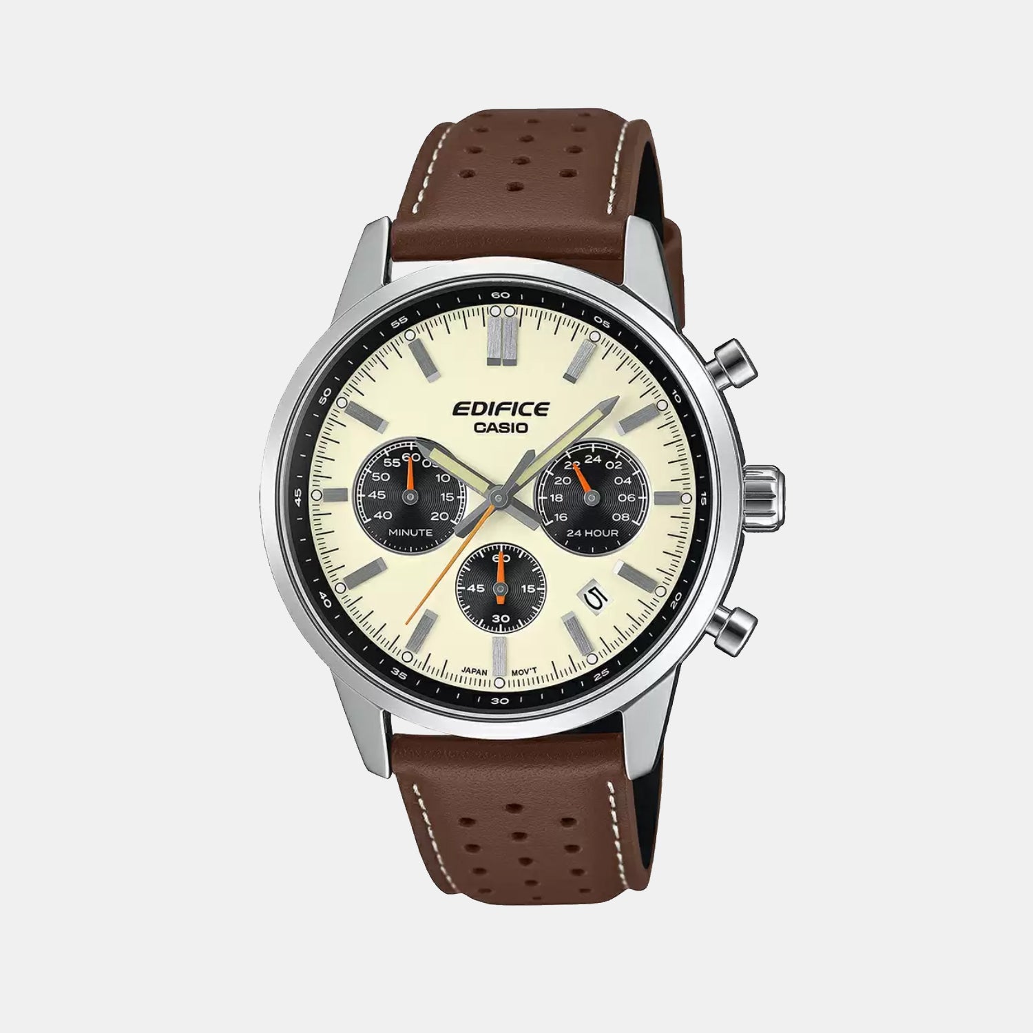 Edifice Men Quartz Cream & Black Dial Multi-Function Leather Watch ED657