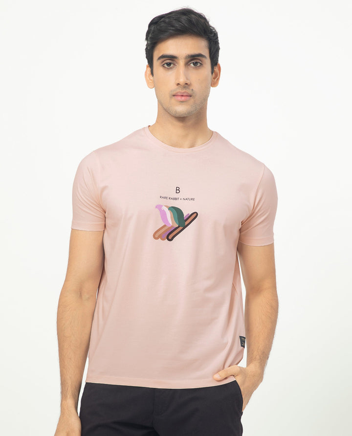 Rare Rabbit Men's Erdon Pastel Pink CMYK Placement Print Half Sleeves T-Shirt