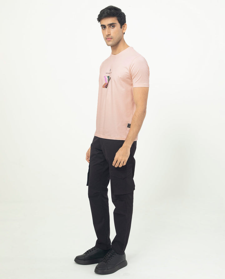 Rare Rabbit Men's Erdon Pastel Pink CMYK Placement Print Half Sleeves T-Shirt