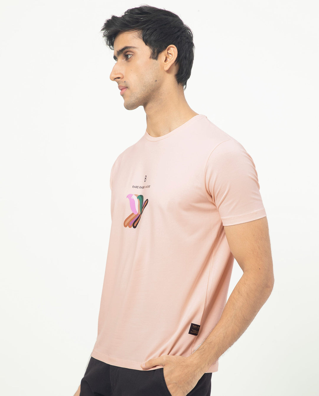 Rare Rabbit Men's Erdon Pastel Pink CMYK Placement Print Half Sleeves T-Shirt