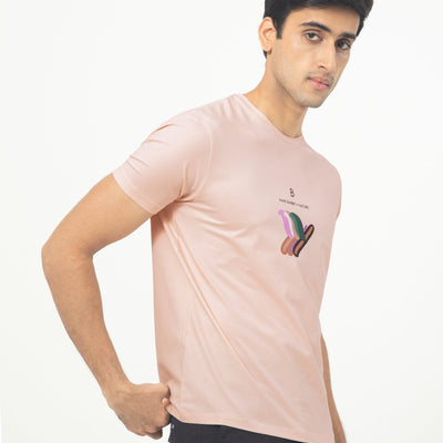 Rare Rabbit Men's Erdon Pastel Pink CMYK Placement Print Half Sleeves T-Shirt