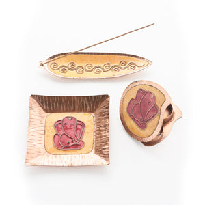 A Ganesha Plate, Kumkum and Agarbatti Holder Set in Copper Enamel by Ekibeki - Yellow