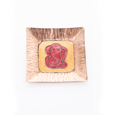 A Ganesha Plate, Kumkum and Agarbatti Holder Set in Copper Enamel by Ekibeki - Yellow