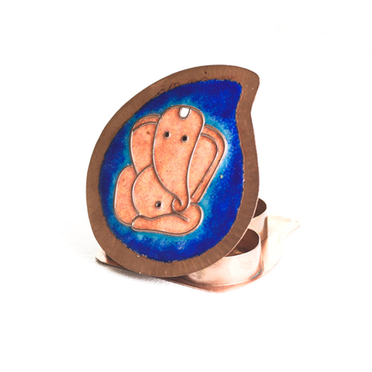 A Ganesha Plate, Kumkum and Agarbatti Holder Set in Copper Enamel by Ekibeki - Blue
