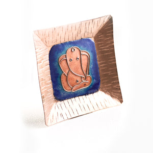 A Ganesha Plate, Kumkum and Agarbatti Holder Set in Copper Enamel by Ekibeki - Blue