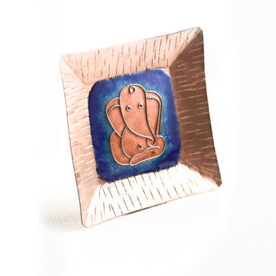 A Ganesha Plate, Kumkum and Agarbatti Holder Set in Copper Enamel by Ekibeki - Blue
