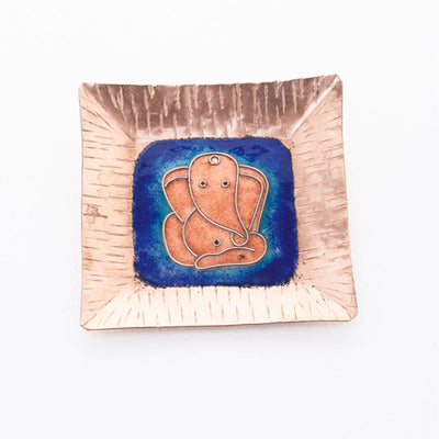 A Ganesha Plate, Kumkum and Agarbatti Holder Set in Copper Enamel by Ekibeki - Blue