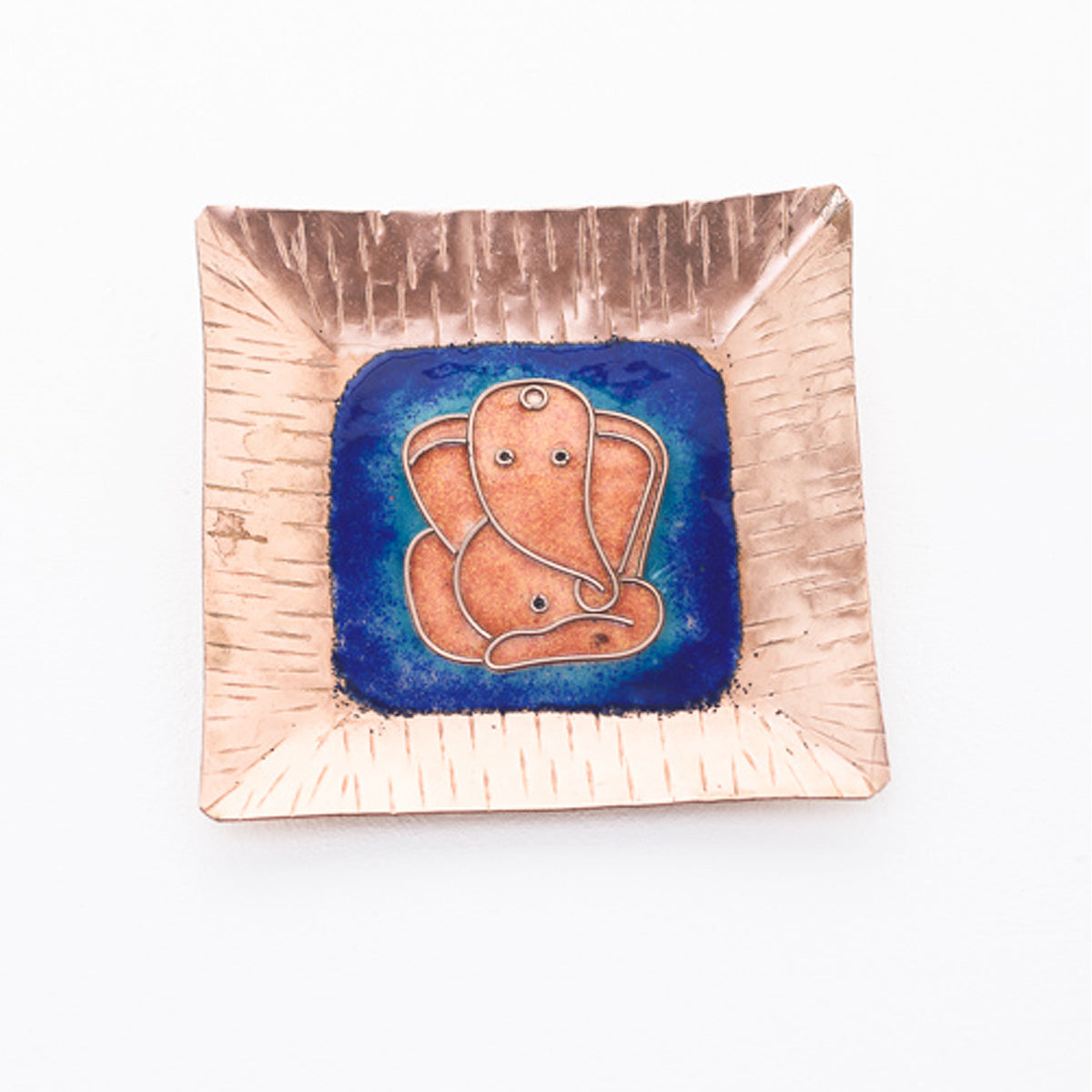 A Ganesha Plate, Kumkum and Agarbatti Holder Set in Copper Enamel by Ekibeki - Blue